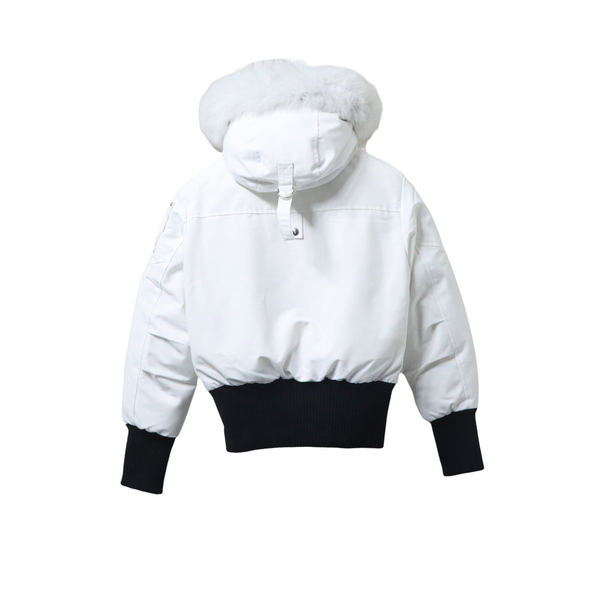Moose Knuckles White Black Trim Pom-Pom Hooded Bomber Jacket