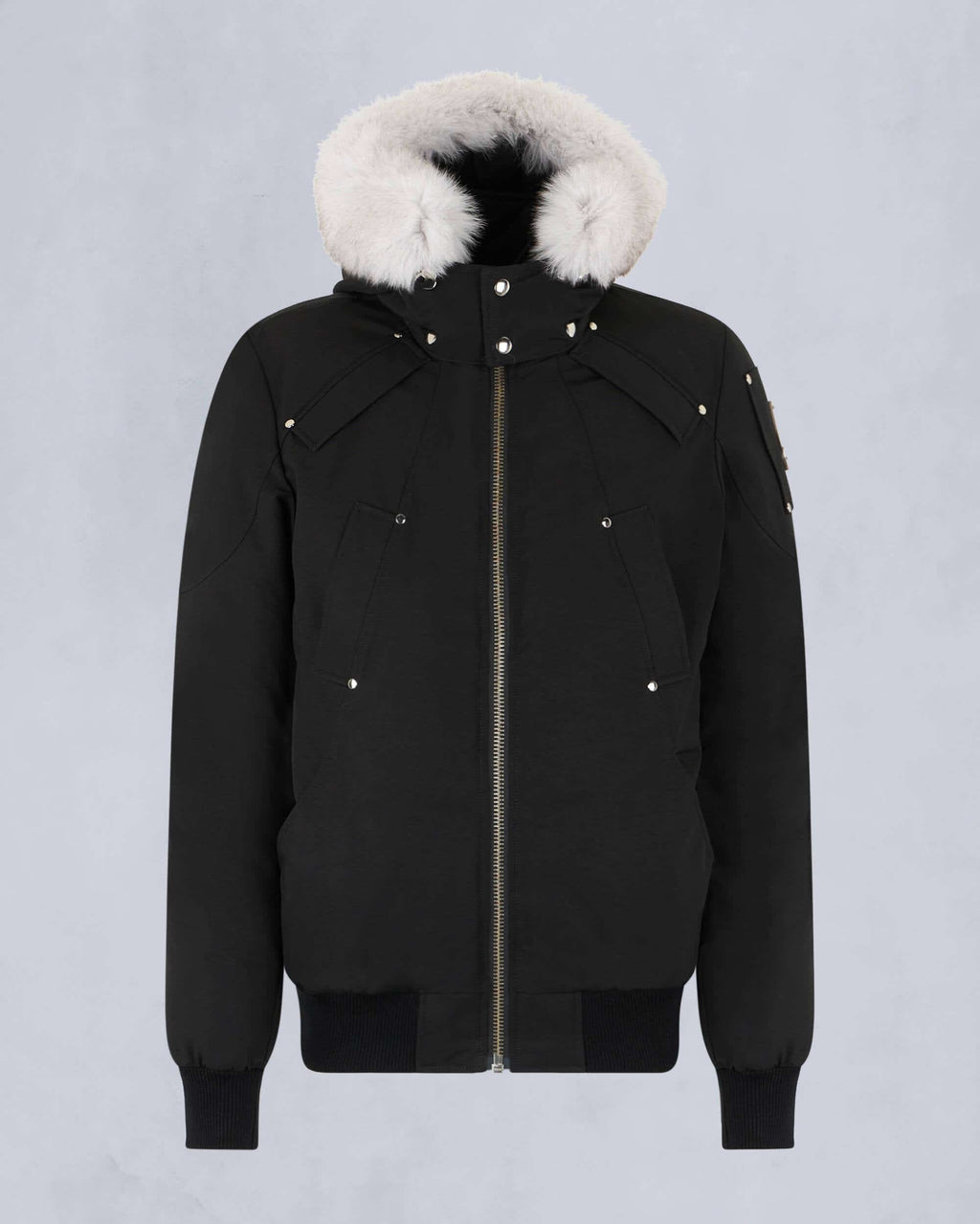 Moose Knuckles Black White Trim Hooded Bomber Jacket