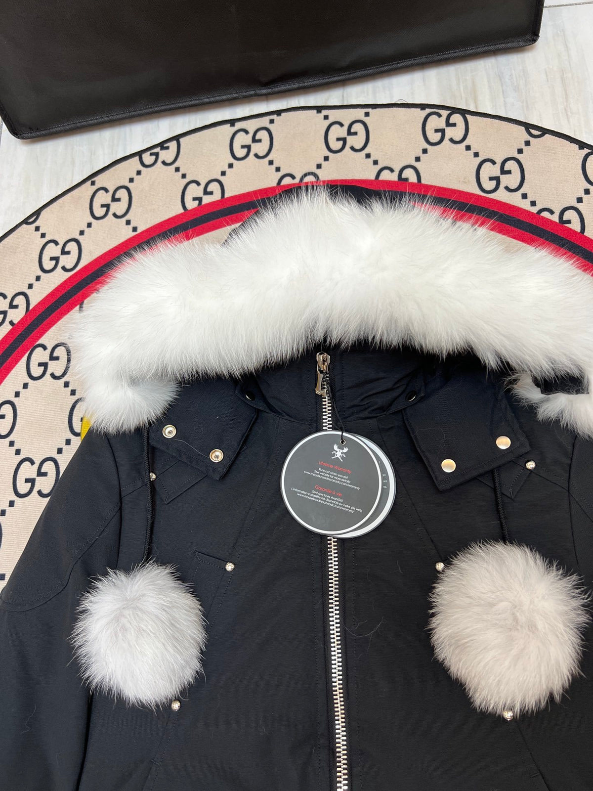 Moose Knuckles Black Pom-Pom Cropped Hooded Bomber Jacket