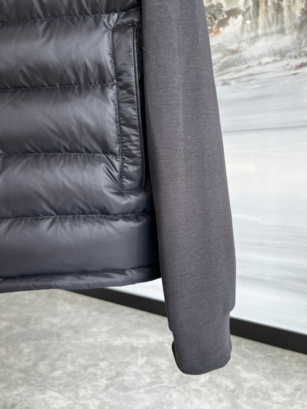 Moncler Black White Stripe Quilted Front Hooded Jacket