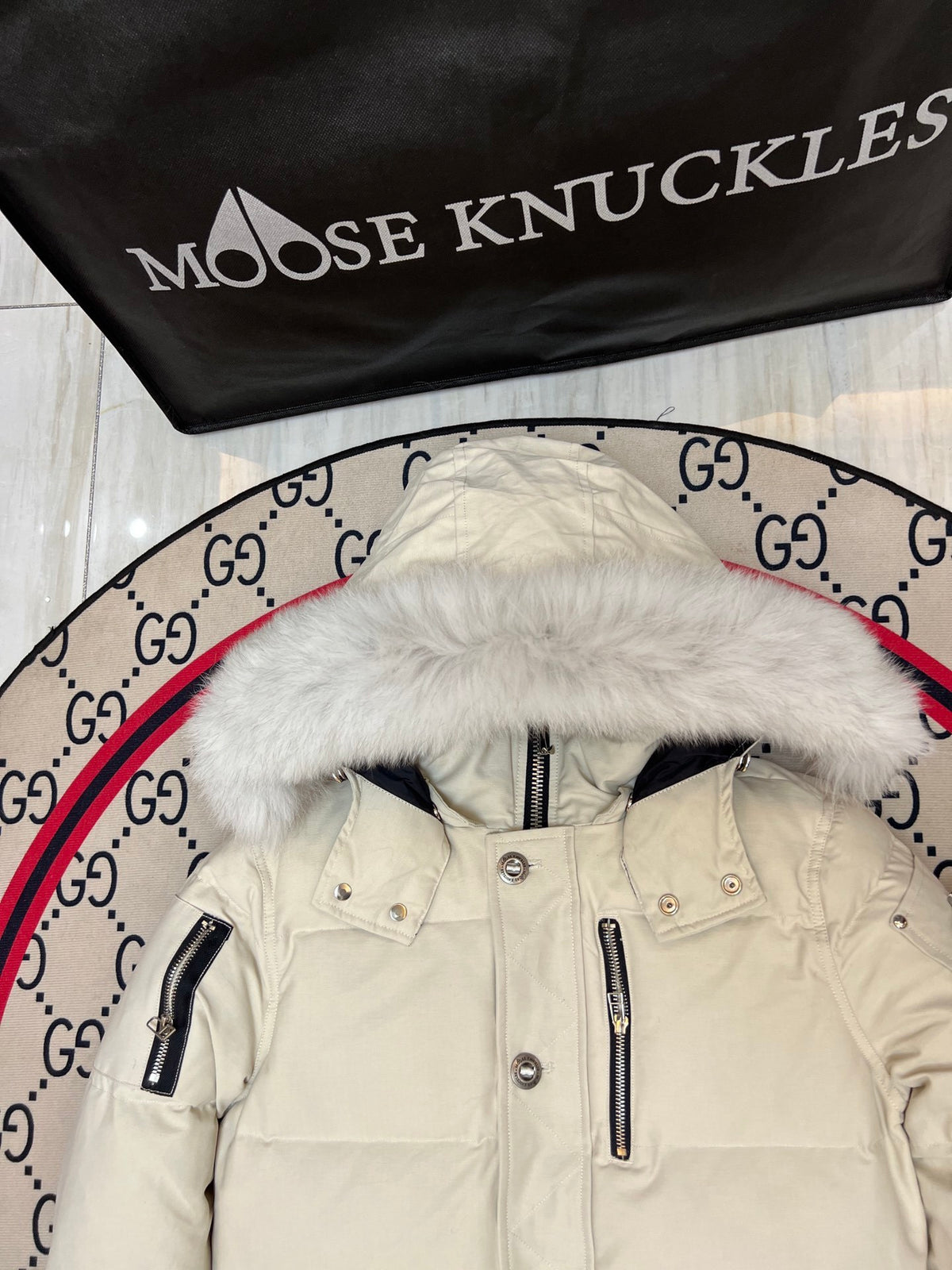 Moose Knuckles Ivory White Quilted Hooded Jacket
