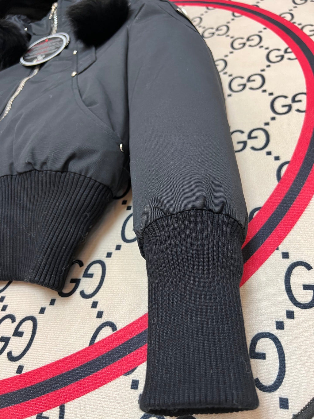 Moose Knuckles Black Pom-Pom Cropped Hooded Bomber Jacket