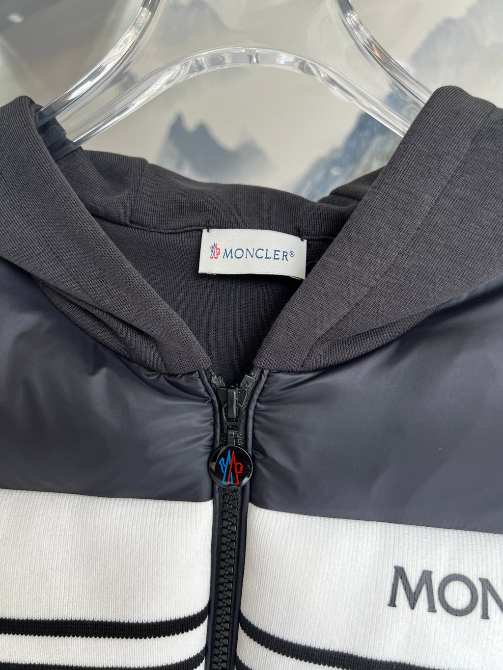 Moncler Black White Stripe Quilted Front Hooded Jacket