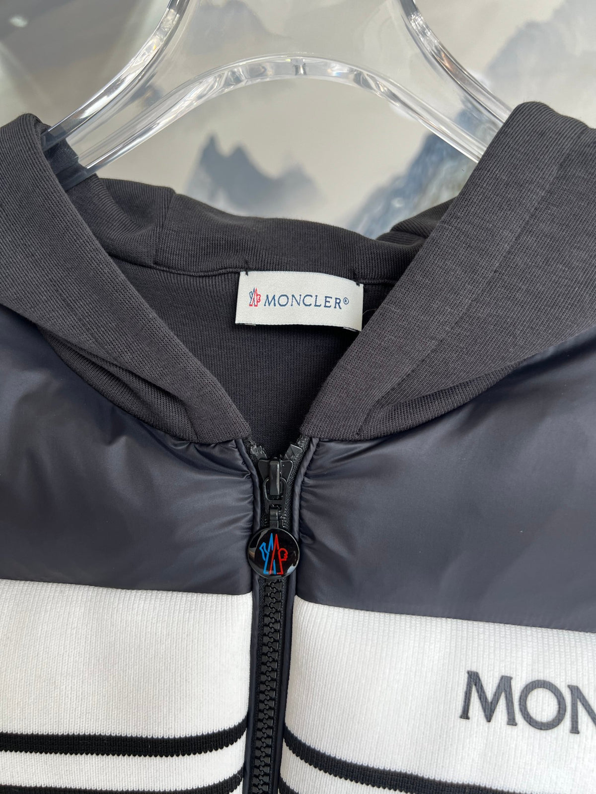 Moncler Black White Stripe Quilted Front Hooded Jacket