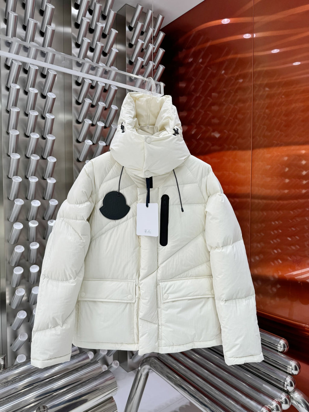 Moncler Ivory White Asymmetric Quilted Hooded Puffer Jacket