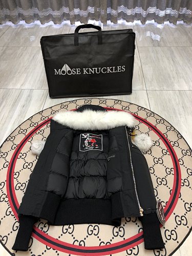 Moose Knuckles Black Pom-Pom Cropped Hooded Bomber Jacket