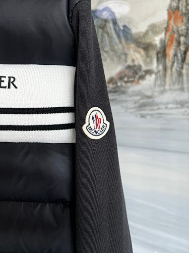 Moncler Black White Stripe Quilted Front Hooded Jacket