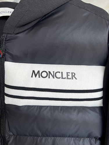 Moncler Black White Stripe Quilted Front Hooded Jacket
