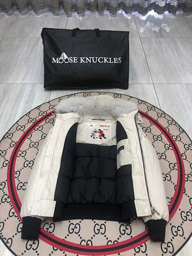 Moose Knuckles Ivory White Hooded Bomber Jacket