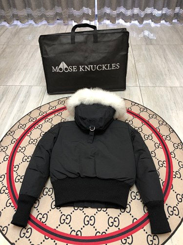 Moose Knuckles Black Pom-Pom Cropped Hooded Bomber Jacket