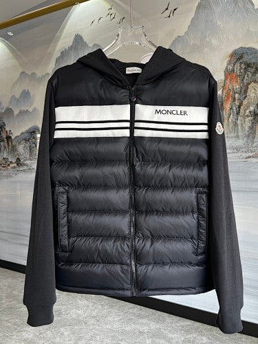 Moncler Black White Stripe Quilted Front Hooded Jacket