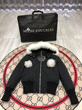 Moose Knuckles Black Pom-Pom Cropped Hooded Bomber Jacket