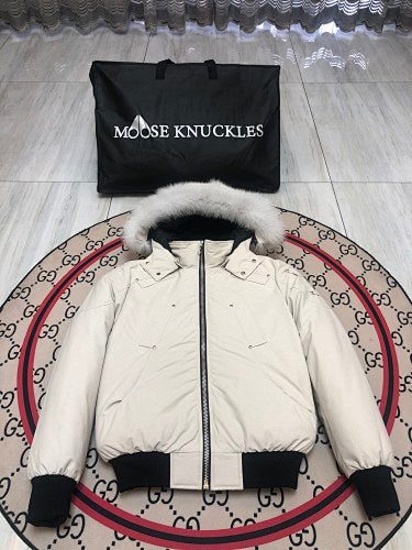 Moose Knuckles Ivory White Hooded Bomber Jacket