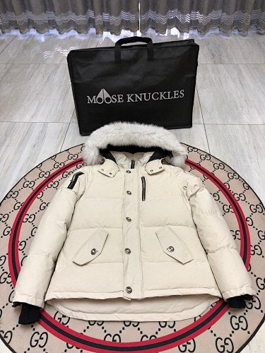 Moose Knuckles Ivory White Quilted Hooded Jacket