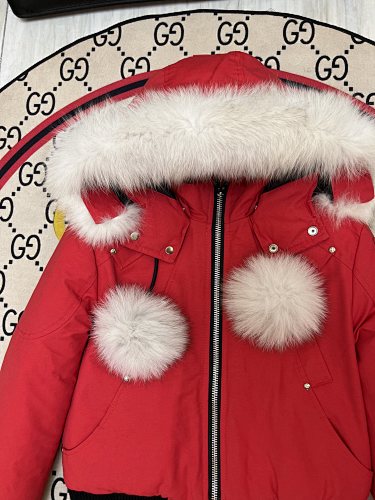 Moose Knuckles Red Pom-Pom Cropped Hooded Bomber Jacket