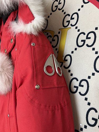 Moose Knuckles Red Pom-Pom Cropped Hooded Bomber Jacket