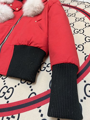 Moose Knuckles Red Pom-Pom Cropped Hooded Bomber Jacket