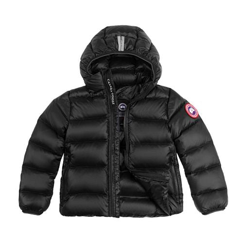 Canada Goose Black Hooded Puffer Jacket with Contrast Stripes