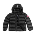 Canada Goose Black Hooded Puffer Jacket with Contrast Stripes