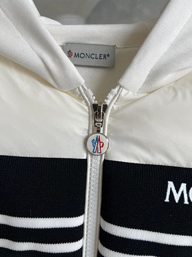Moncler White Black Stripe Quilted Front Hooded Jacket