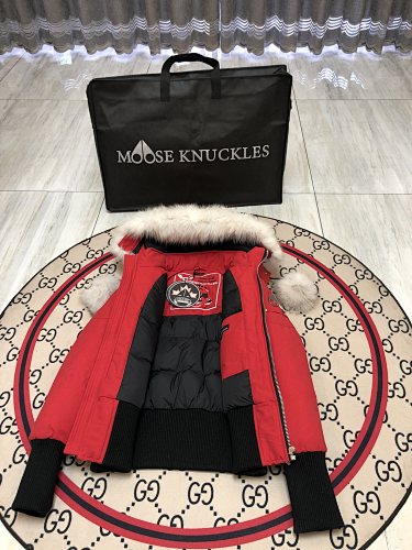 Moose Knuckles Red Pom-Pom Cropped Hooded Bomber Jacket