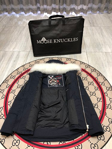 Moose Knuckles Navy Blue Quilted Back Hooded Jacket