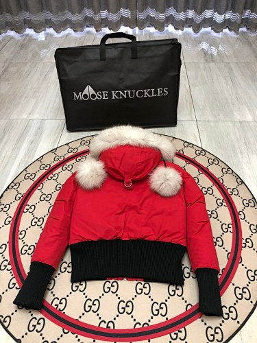 Moose Knuckles Red Pom-Pom Cropped Hooded Bomber Jacket