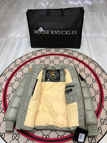 Moose Knuckles Sage Green Glossy Stand Collar Puffer Jacket