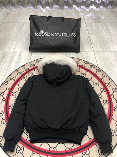 Moose Knuckles Black Hooded Bomber Jacket