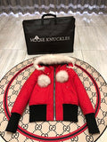Moose Knuckles Red Pom-Pom Cropped Hooded Bomber Jacket