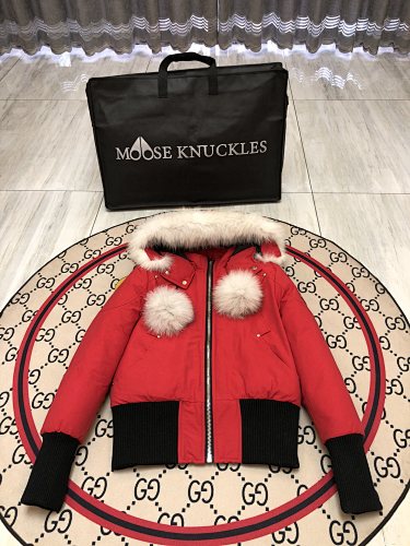 Moose Knuckles Red Pom-Pom Cropped Hooded Bomber Jacket
