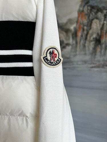 Moncler White Black Stripe Quilted Front Hooded Jacket