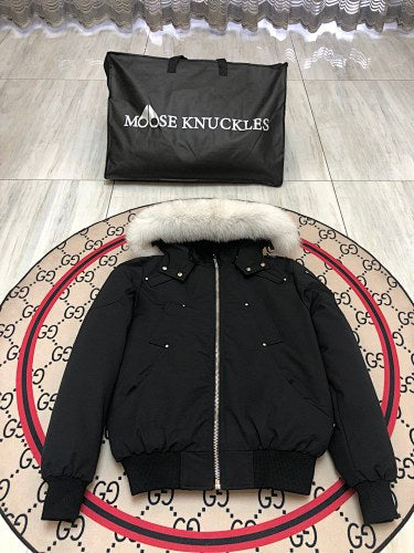 Moose Knuckles Black Hooded Bomber Jacket