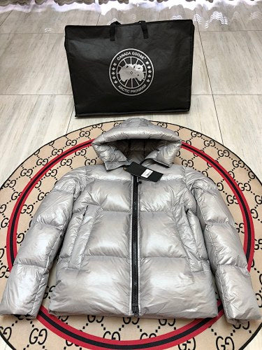 Canada Goose Silver Gray Glossy Hooded Puffer Jacket