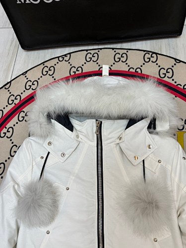 Moose Knuckles Ivory White Pom-Pom Cropped Hooded Bomber Jacket