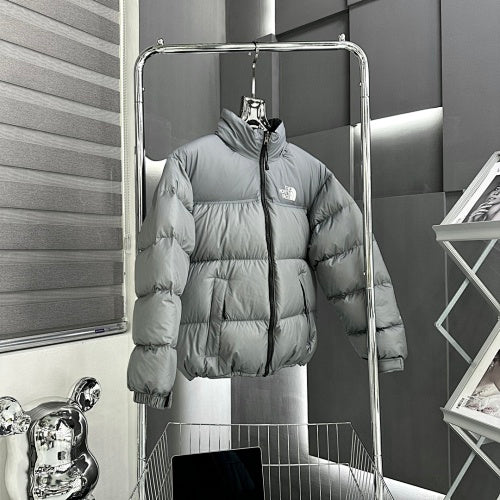 The North Face Gray White Logo Stand Collar Puffer Jacket