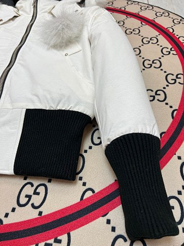 Moose Knuckles Ivory White Pom-Pom Cropped Hooded Bomber Jacket