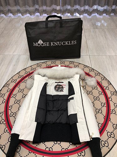 Moose Knuckles Ivory White Pom-Pom Cropped Hooded Bomber Jacket
