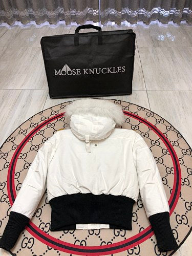 Moose Knuckles Ivory White Pom-Pom Cropped Hooded Bomber Jacket