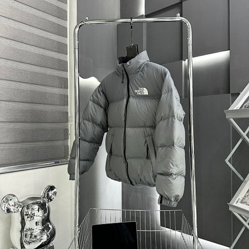 The North Face Gray White Logo Stand Collar Puffer Jacket