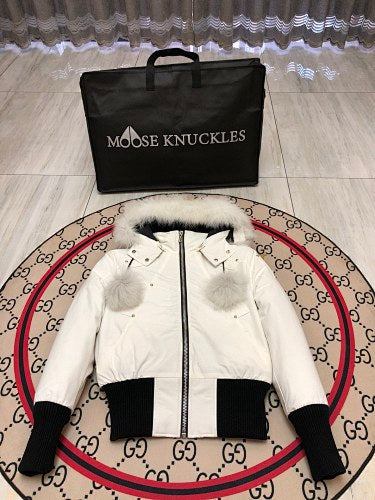 Moose Knuckles Ivory White Pom-Pom Cropped Hooded Bomber Jacket