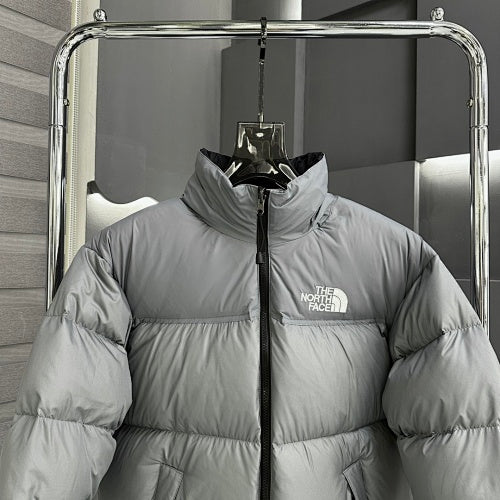 The North Face Gray White Logo Stand Collar Puffer Jacket
