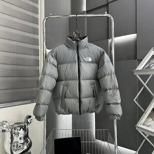 The North Face Gray White Logo Stand Collar Puffer Jacket
