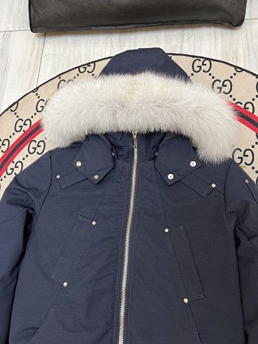 Moose Knuckles Navy Blue Hooded Bomber Jacket