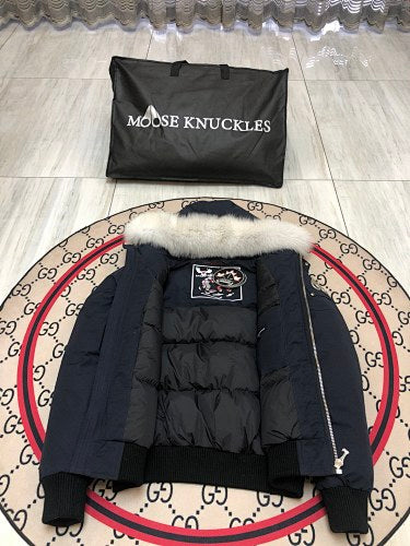 Moose Knuckles Navy Blue Hooded Bomber Jacket