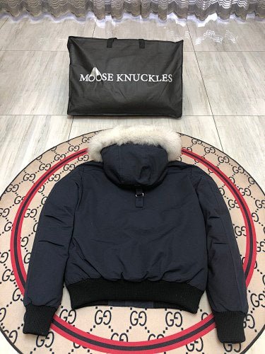 Moose Knuckles Navy Blue Hooded Bomber Jacket