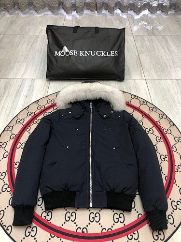 Moose Knuckles Navy Blue Hooded Bomber Jacket