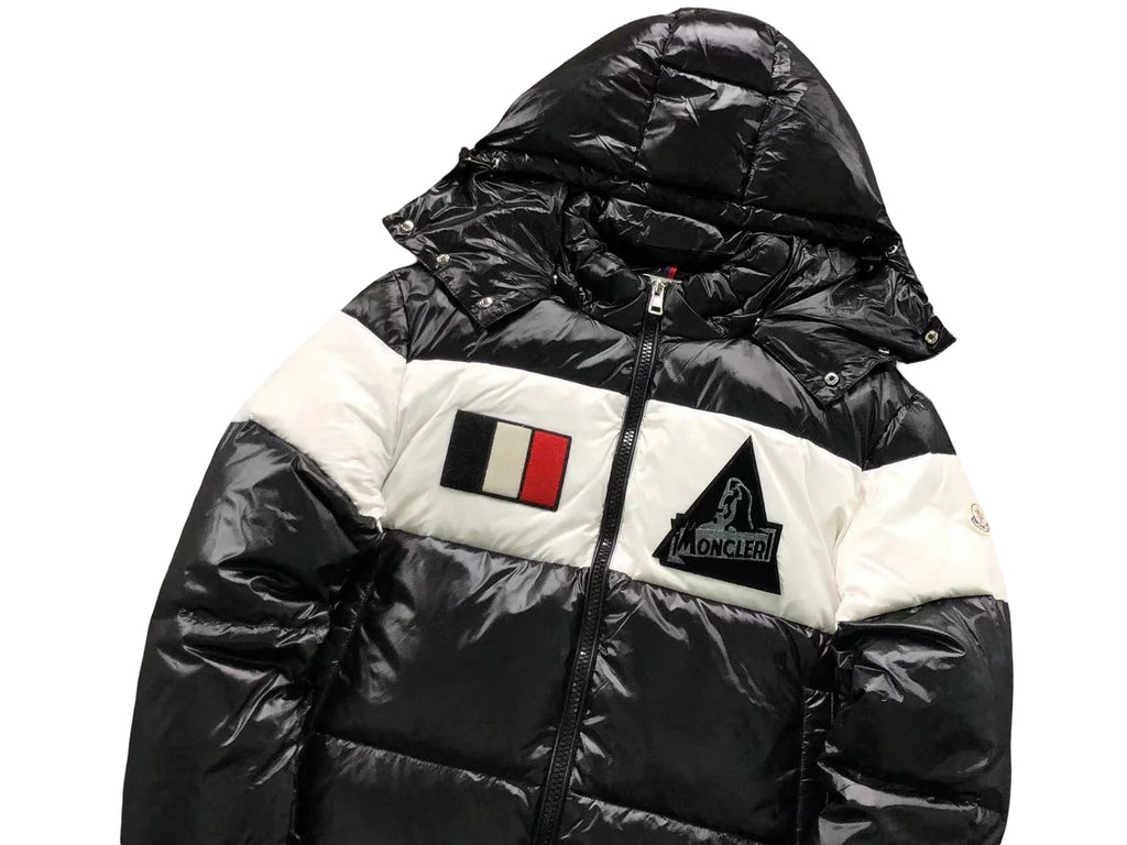 Moncler Black White Colorblock Glossy Hooded Puffer Jacket
