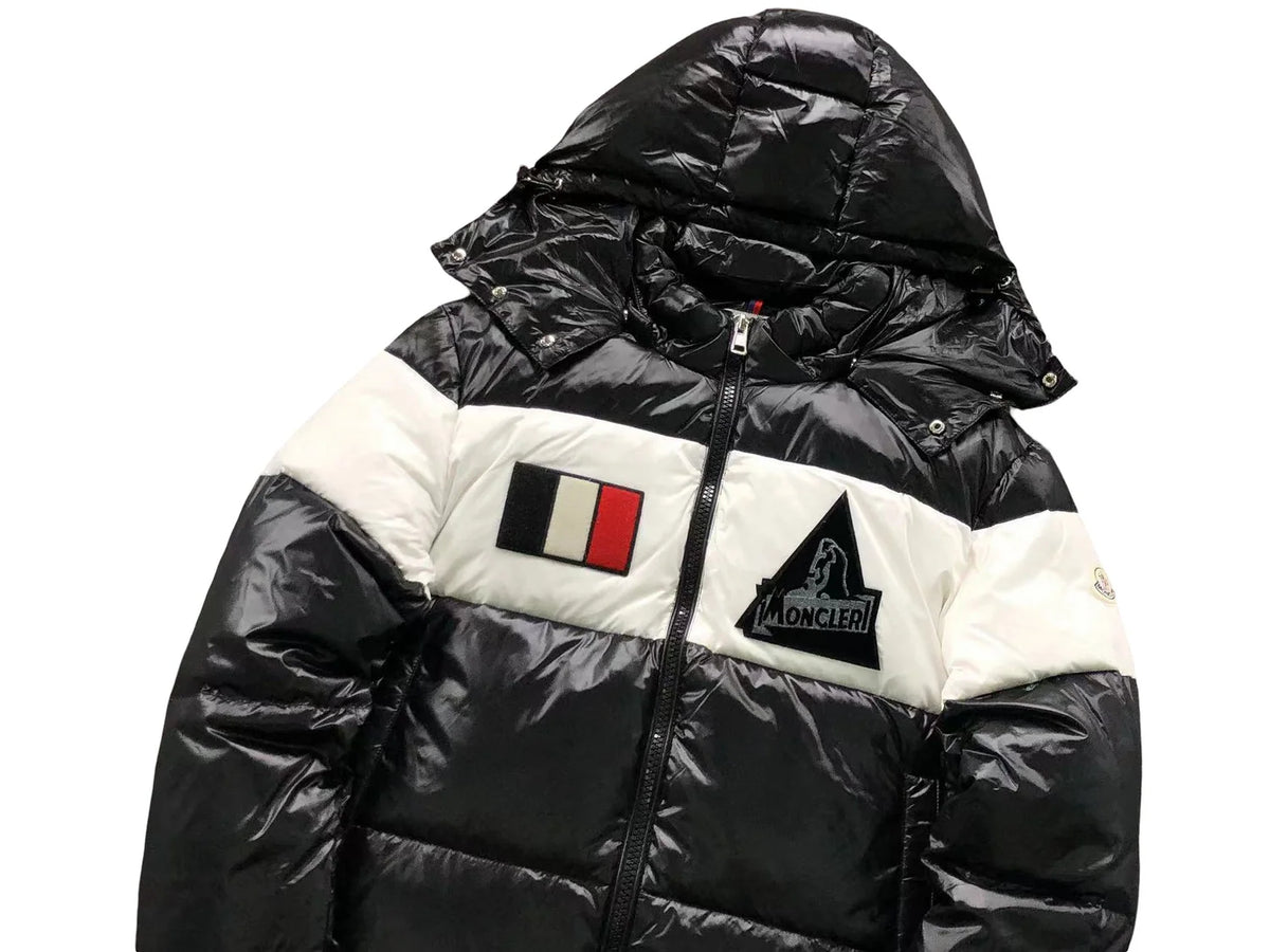 Moncler Black White Colorblock Glossy Hooded Puffer Jacket