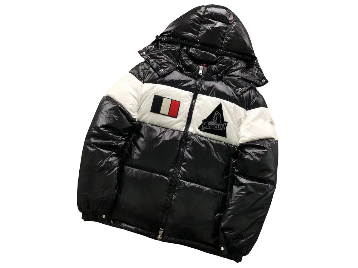 Moncler Black White Colorblock Glossy Hooded Puffer Jacket